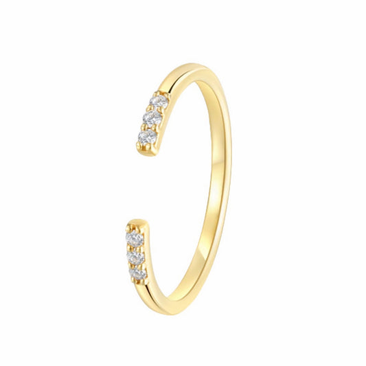S925 Sterling Silver Plated with 14K Gold Ultra-Thin Three Diamond Opening Adjustable Ring