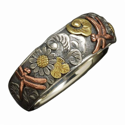 Vintage Engraved Flower Dragonfly Sunflower Ring