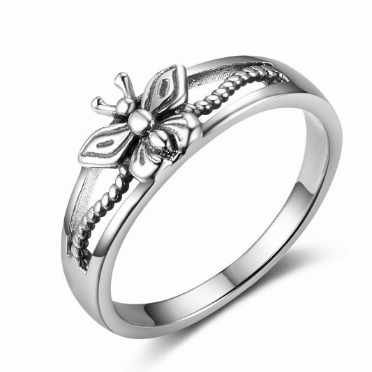 Vintage Silver Butterfly Dyed Black Ring
