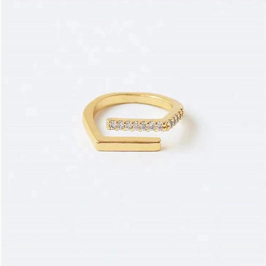 S925 Sterling Silver Plated with 14k Gold Geometric Diamond-studded Opening Adjustable Ring
